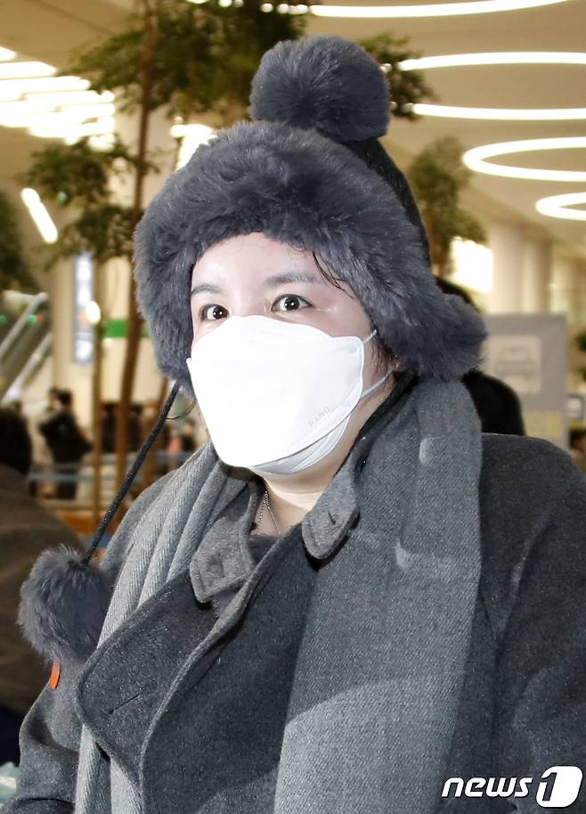 방송인 에이미가 20일 인천국제공항을 통해 중국 광저우에서 입국하고 있다. 2021.1.20/뉴스1 © News1 권현진 기자