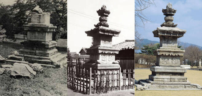 국보 101호 지광국사 현묘탑은 그 아름다움과 달리 숱한 수난을 겪었다. 한국전쟁 때인 1950년엔 폭격을 맞아 산산조각 났고(왼쪽 사진), 1911년엔 법천사터에서 반출돼 서울 명동으로 옮겨졌으며(가운데), 1957년 복원됐지만 불완전해 늘 훼손 위험을 안고 있었다. 국립문화재연구소 제공