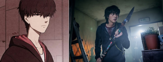 The main character Hyeon-su of ″Sweet Home″ in the webtoon, left, and in the Netflix series. [NAVER WEBTOON, NETFLIX]