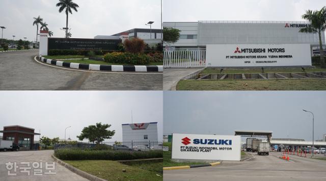 인도네시아 현대차 생산공장 주변에 포진한 일본과 중국 자동차업체. 위쪽 사진부터 시계방향으로 일본 도요타, 미쓰비시, 스즈키와 중국 울링. 브카시=고찬유 특파원