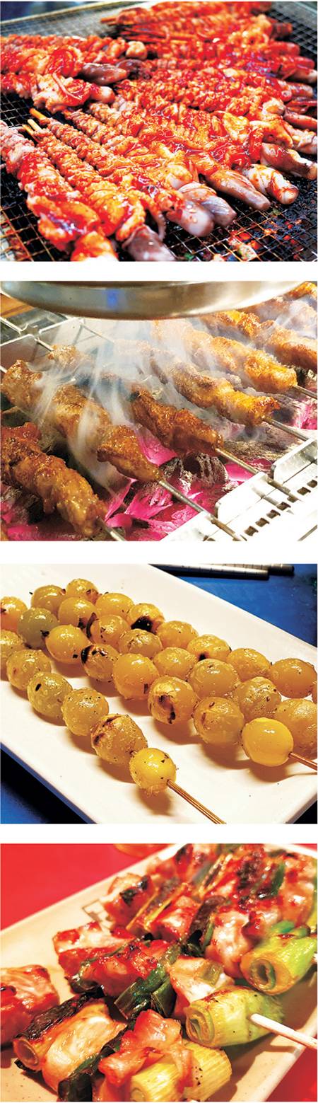 사진 위부터 굽기 편하고 먹기에도 좋은 낙지호롱. 지금 한국인에게 가장 익숙한 꼬치구이 요리인 중국식 양꼬치. 서울 다동의 꼬치구이집 ‘도리방’의 은행알 꼬치. 일본식 야키도리의 기본아이템인 네기마.