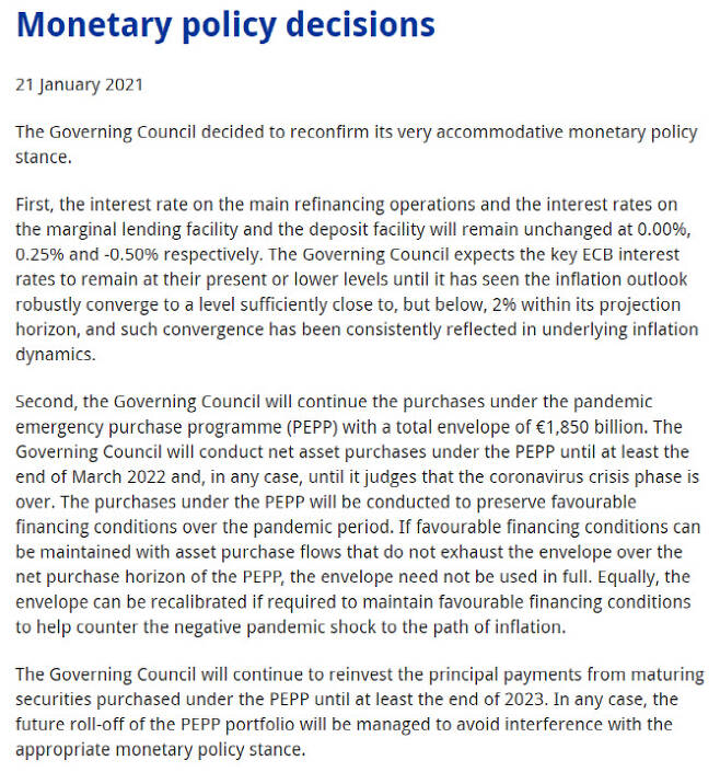 유럽중앙은행(ECB)이 21일(현지시간) 발표한 통화정책 결정문의 일부. (출처=ECB 제공)