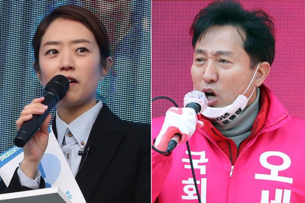 고민정 더불어민주당 의원과 오세훈 전 서울시장. /연합뉴스