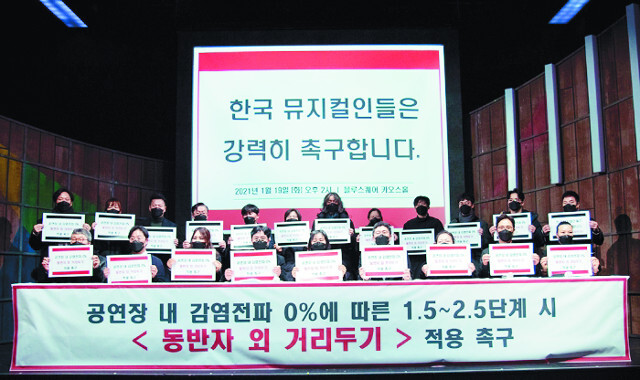 뮤지컬계 종사자들이 ‘동반자 거리두기’ 적용을 촉구하는 모습. 한국뮤지컬협회 제공