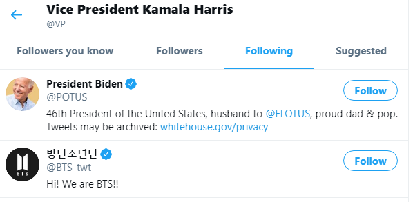 카멀라 해리스 부통령의 트위터 팔로잉 명단. 조 바이든 대통령 계정 아래 방탄소년단의 계정이 보인다. /트위터