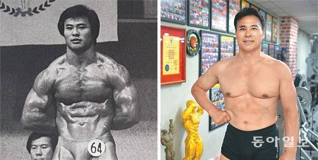 창용찬 대한보디빌딩협회 코치아카데미 원장은 근육을 만들기 위해 38년 만에 다시 웨이트트레이닝을 시작했다. 또 근육 생성에 도움이 되는 단백질 보조제도 정기적으로 섭취하고 있다. 왼쪽 사진은 창 원장의 1982년 미스터코리아 80kg급 챔피언 시절, 오른쪽은 6개월간 몸을 만든 뒤 현재의 모습이다. 양종구 기자 yjongk@donga.com