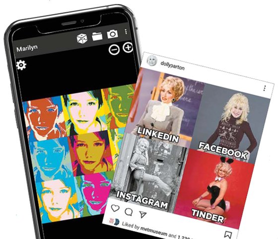 인물 사진을 워홀의 팝아트 작품처럼 바꿔주는스마트폰 앱 ‘마릴린’(사진 왼쪽), ‘돌리 파튼 챌린지’를 일으킨 돌리 파튼의 인스타그램. [중앙포토]