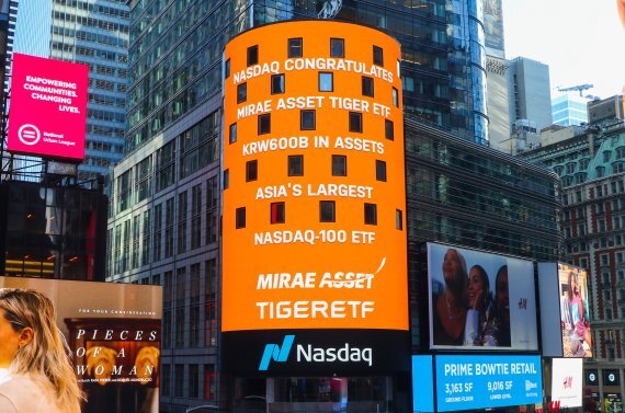 사진설명: 미국 뉴욕 타임스퀘어에 위치한 나스닥 마켓사이트(NASDAQ MarketSite)에 표시된 TIGER나스닥100 ETF 순자산 6000억원 돌파 축하 메시지. (제공: 미래에셋자산운용)