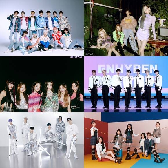 트레저, 에스파, 엔하이픈, 위클리, 피원하모니, 스테이씨(왼쪽 위부터 시계 방향)가 미국 타임지가 선정한 '2021년 주목할 K팝 루키 6'에 선정됐다. /각 소속사 제공