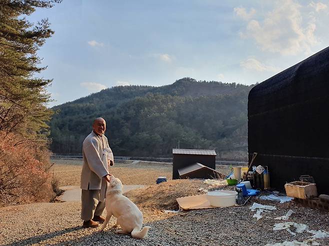 비닐하우스 법당 앞에서 풍산개 반려견 '우리'가 도정 스님을 반기고 있다. /김한수 기자
