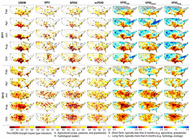 미국 가뭄 시기(2011~2012) 내 기존 관측소 기반 가뭄지수 및 VPA를 통해 계산된 가뭄지수의 공간 분포 비교.[
