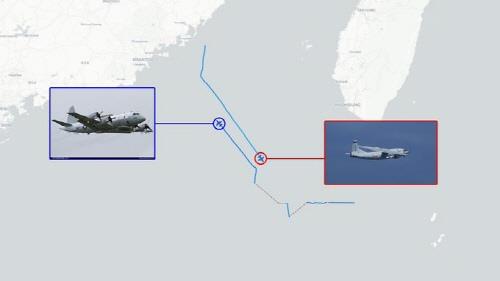 미 해군 정찰기(왼쪽)와 중국 군용기의 항로 궤적 [에어크래프트 스폿 캡처. 재판매 및 DB 금지]