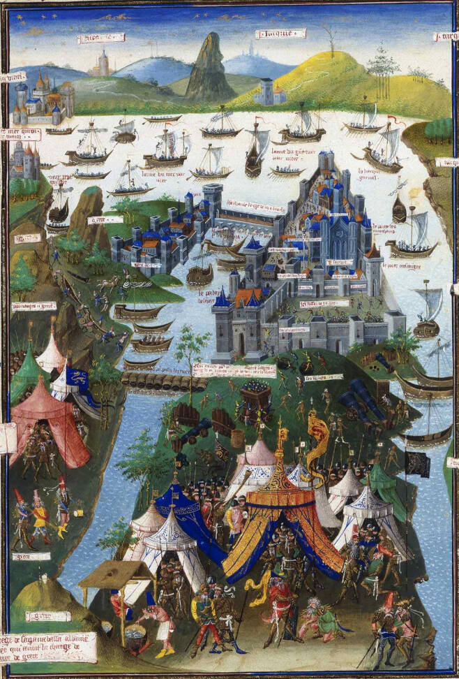 1453년의 콘스탄티노플 함락 그림. 황금곳 왼쪽 산을 통해 전함을 옮기는 장면이 보인다. 흰색으로 표시된 바다가 보스포로스 해협이다. 이 그림은 1455년 프랑스 화가가 그린 것이다 / 사진출처 = 위키피디아