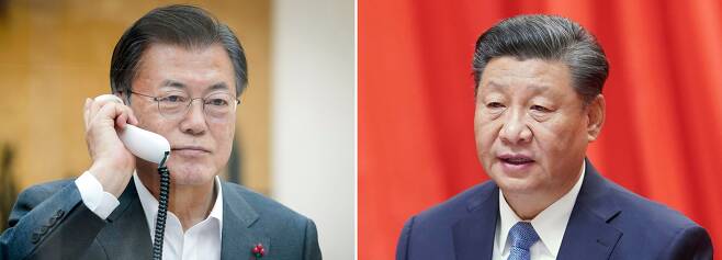 문재인 대통령이 26일 시진핑 중국 국가주석과 전화 통화하고 있다. /연합뉴스