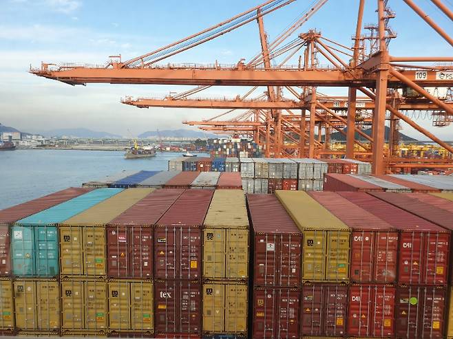 부산항 신항의 수출입 컨테이너들