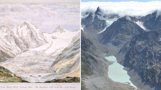 왼쪽은 1866년에 율리우스 하스트가 그린 서던 알프스 산맥의 르옐 빙하모습, 오른쪽은 2018년 촬영한 동일 빙하의 여름 모습