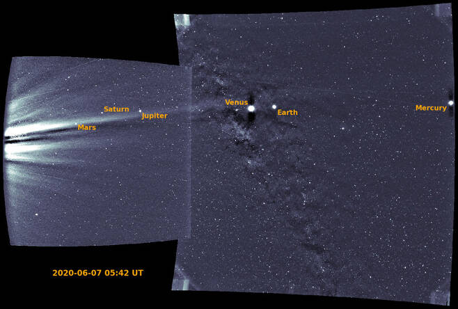 파커 탐사선이 2020년 6월7일 수성 궤도 안쪽에서 촬영한 사진. 나사 제공