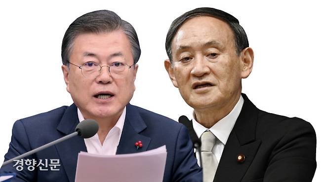 문재인 한국 대통령(왼쪽)과 스가 요시히데 일본 총리. 경향신문 자료 사진