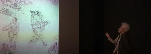 국립중앙박물관이 온라인 콘텐츠로 제작한 ‘박물관의 특별한 초대’ 프로그램에서 정현종 시인과 오다연 학예연구사가 김홍도의 풍속도 ‘씨름’을 보며 이야기를 나누고 있다. 국립중앙박물관 제공