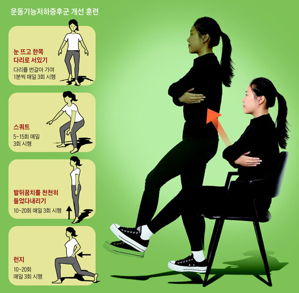 한발로 40㎝ 높이의 의자에서 일어나는 것이 어렵다면 '운동기능저하증후군' 초기 단계이다. 이를 개선하기 위한 훈련을 해야 한다. /헬스조선 DB