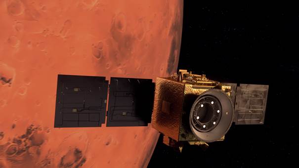 아랍에미리트(UAE)의 화성 탐사선 아말이 한국시간으로 10일 오전 12시 57분 화성 궤도에 진입하는 데 성공했다. 사진은 화성 궤도 진입 상상도.