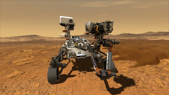 지난 19일 미국 항공우주국(NASA) 제트추진연구소(JPL)의 화성탐사 로버 ‘퍼서비어런스’(Perseverance)가 화성의 적도 북쪽 예제로 충돌구(crater)에 안착하는 데 성공했다. 사진은 NASA가 그린 탐사로버의 상상도 [로이터=연합뉴스]