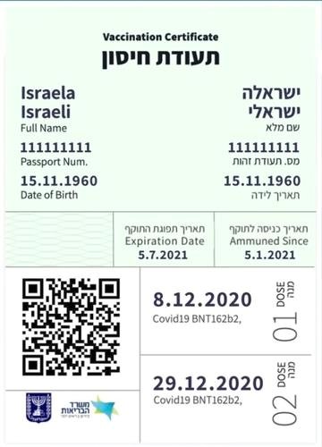이스라엘의 코로나19 백신 접종 증명서인 '녹색 여권' 견본. [이스라엘 보건부 제공=연합뉴스]