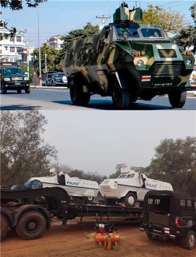 군용 장갑차(사진 위)를 흰 페인트와 POLICE라는 글씨로 '위장'했다고 네티즌들이 주장하는 차량의 모습.  [트위터 캡처. 재판매 및 DB 금지]