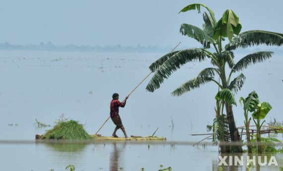 인도 북동부 아삼주 캄루프 지구에 쏟아진 폭우로 홍수가 발생해 한 남성이 가축을 먹일 건초를 뗏목으로 옮기고 있다. 위 사진은 본 기사와 관련이 없음. 뉴시스 제공