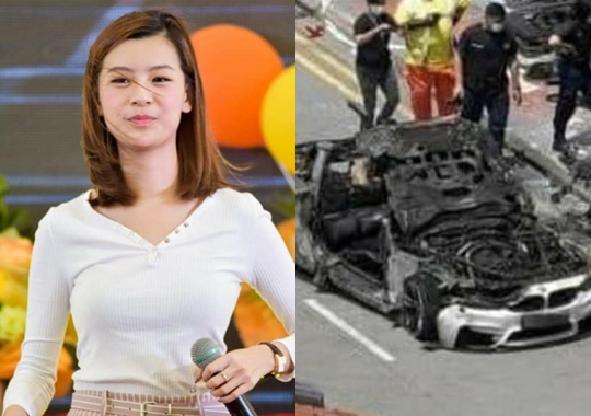불타는 차량에 뛰어든 싱가포르 20대 여성(왼쪽 사진)과 폭발과 화재로 부숴진 차량. 페이스북 캡처