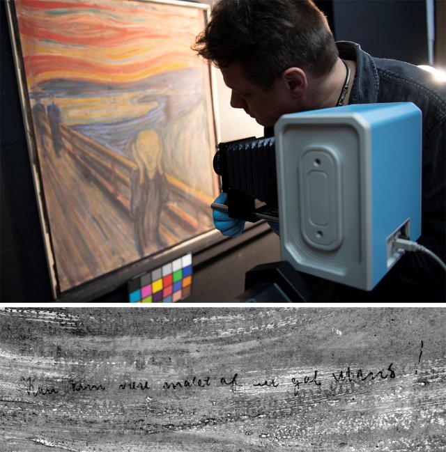 노르웨이 국립미술관에서 화가 에드바르 뭉크의 작품 ‘절규’(1893년)를 적외선 카메라로 촬영하고 있다(위쪽 사진). 그 결과 이 그림의 왼쪽 위에 적힌 문구(아래 사진)를 정확히 분석할 수 있었다. 연필로 쓴 ‘미치광이나 그릴 그림’이라는 글귀였다. 필적 대조 결과 이 문장은 뭉크가 직접 썼을 가능성이 높다고 미술관은 발표했다. 노르웨이 국립미술관 제공