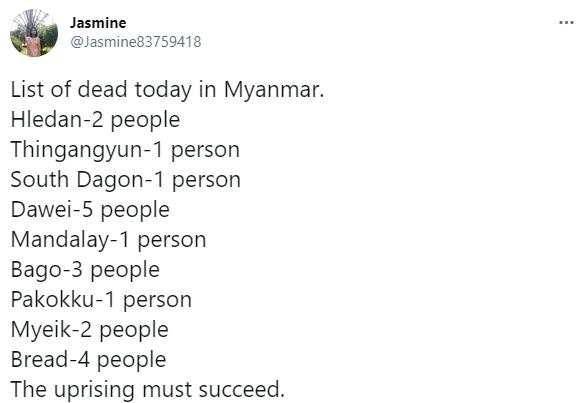 "미얀마 '피의 일요일' 사망자 속출" [트위터 @Jasmine83759418]