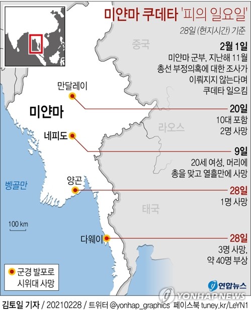 [그래픽] 미얀마 쿠데타 '피의 일요일' (서울=연합뉴스) 김토일 기자 = kmtoil@yna.co.kr