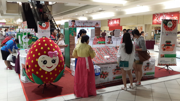 말레이시아 쿠알라룸푸르 한 쇼핑센터에서 열린 국산 딸기 판촉 행사 현장.(사진=농림축산식품부)