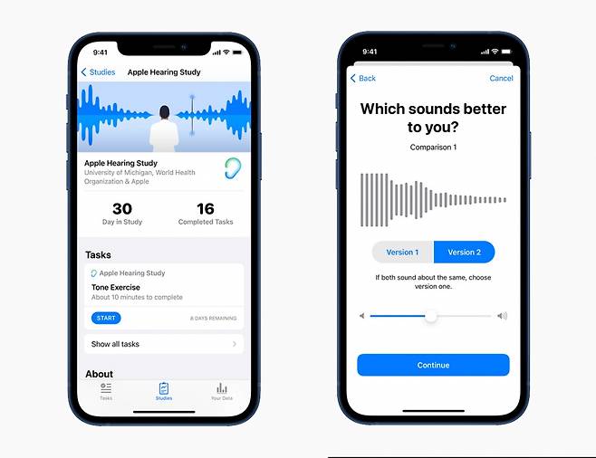애플 청력 연구에 참여할 수 있는 리서치 앱 화면 /사진=애플