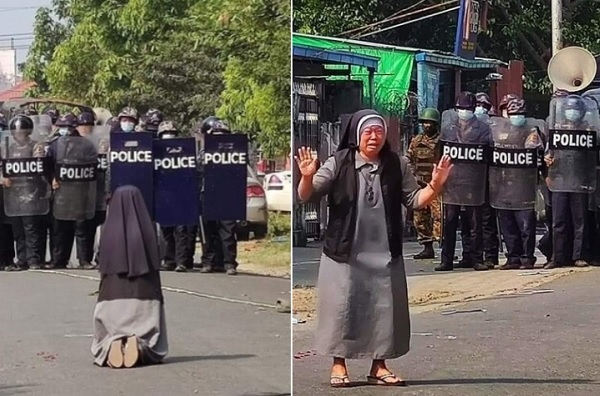 미얀마의 안 로사 누 타웅 수녀가 중무장한 경찰 앞에 무릎 꿇고 앉아 사격 중단을 촉구하는 모습(왼쪽 사진). 오른쪽은 누 타웅 수녀가 경찰을 향해 눈물로 폭력 자제를 호소하는 모습. 트위터 캡처