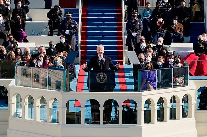 ⓒAFP PHOTO조 바이든 미국 대통령이 1월20일 취임식에서 선서를 마친 뒤 연설하고 있다.