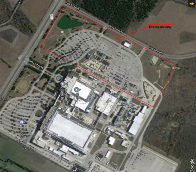 삼성전자의 미국 텍사스주 오스틴 공장 증설 후보지(붉은 색 사각형).
