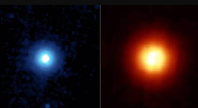 NASA의 스피처 우주망원겨으로 본 베가의 두 모습. 이 별 주위에서 해왕성 크기의 타는 듯이 뜨거운 외계행성 후보가 발견되었다.(출처 : NASA/JPL-Caltech/University of Arizona)