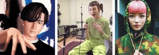 그림 1. 1998년에 국내에서 처음으로 등장한 사이버 가수 아담(왼쪽)과, 그로부터 20년 뒤에 활동을 시작해 현재도 인스타그램에서 유명 셀럽으로 활약하고 있는 가상 모델 릴 미쿠엘라(중간)와 사람과 구분이 안 될 정도로 높은 유사도를 자랑하는 가상 모델 이마(오른쪽). 출처: 구글 이미지 검색, 릴 미쿠엘라(lilmiquela)/이마(imma.gram) 인스타그램 캡쳐.