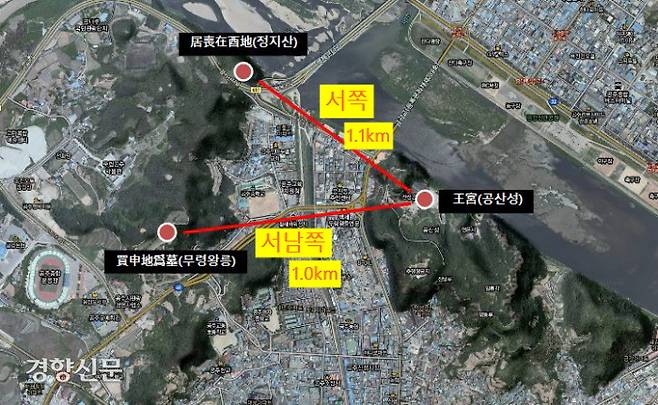 이한상 학예사가 왕과 왕비의 거처인 공산성을 기준으로 방위와 각도를 재보니 왕와 왕비가 묻힌 무령왕릉은 신지(서남쪽)이고, 왕비의 시신이 27개월간 장례를 치른 곳(유지·서쪽)은 정지산과 정확히 일치했다. |이한상 대전대교수 제공