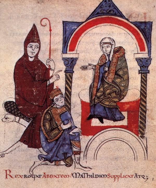 카노사 굴욕 사건을 그린 그림. 하인리히 4세가 카노사의 마틸다 백작에게 그레고리우스 7세 교왕을 만나게 해달라고 애원하는 모습. 바티칸 도서관 소장. 위키미디어