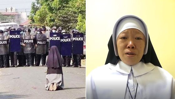 미얀마 북부 카친주의 무장 경찰 앞에서 무릎 꿇었던 안 로사 누 따웅 수녀가 중앙일보와 화상 인터뷰를 하고 있다. [중앙포토]