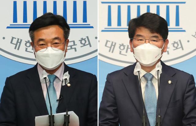 더불어민주당 원내대표 선거에 출마한 윤호중(왼쪽) 의원과 박완주 의원. 뉴스1
