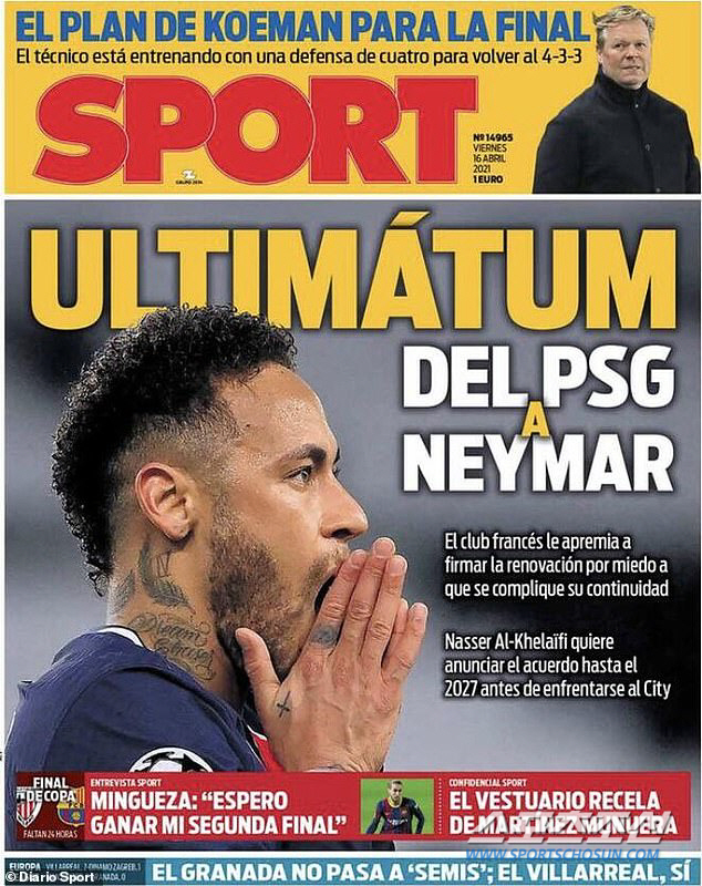 네이마르에 대한 PSG의 최후통첩을 보도한 스페인 디아리오 스포츠. 데일리메일 기사 캡쳐