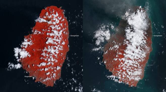 코페르니쿠스 위성이 촬영한 세인트빈센트섬의 화산 폭발 전과 후의 모습. 사진=ESA
