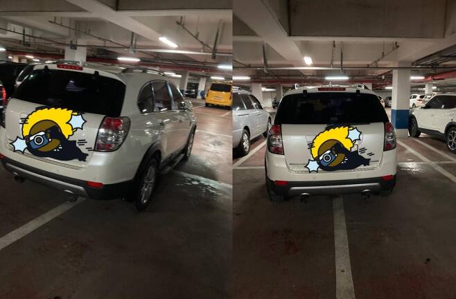 지난 18일 한 누리꾼이 4 칸을 사용하고 있는 한 차량의 사진을 공개했다 (온라인 커뮤니티 갈무리) © 뉴스1