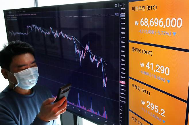 20일 서울 강남구 빗썸 강남고객센터에서 직원이 암호화폐 시세를 살피고 있다. 전날 정부는 비트코인 등 가상화폐를 이용한 자금세탁, 사기, 불법행위를 막고자 이달부터 6월까지 범정부 차원의 특별단속을 벌이기로 했다고 밝혔다 /김연정 객원기자