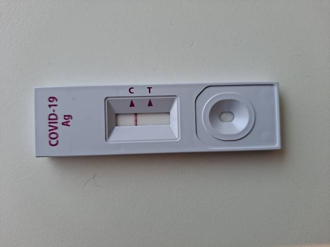 코로나19 자가검사 결과 '음성'이었다. C라인(대조선)에만 빨간선이 뜨면 '음성', T라인(시험선)까지 빨간선이 뜨면 '양성이다. 양성이 나오면 보건소 등에서 PCR 검사를 받아야한다/사진=홍순빈 기자