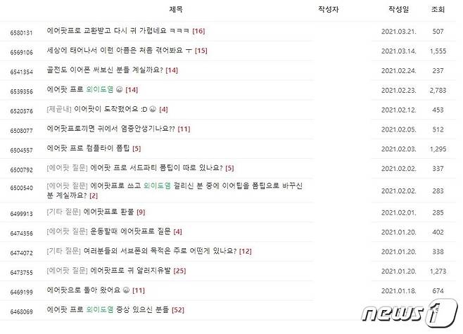 애플 기기 이용자 커뮤니티에 제기된 에어팟 프로 외이도염 발생 불만글(아사모 커뮤니티 갈무리) © 뉴스1